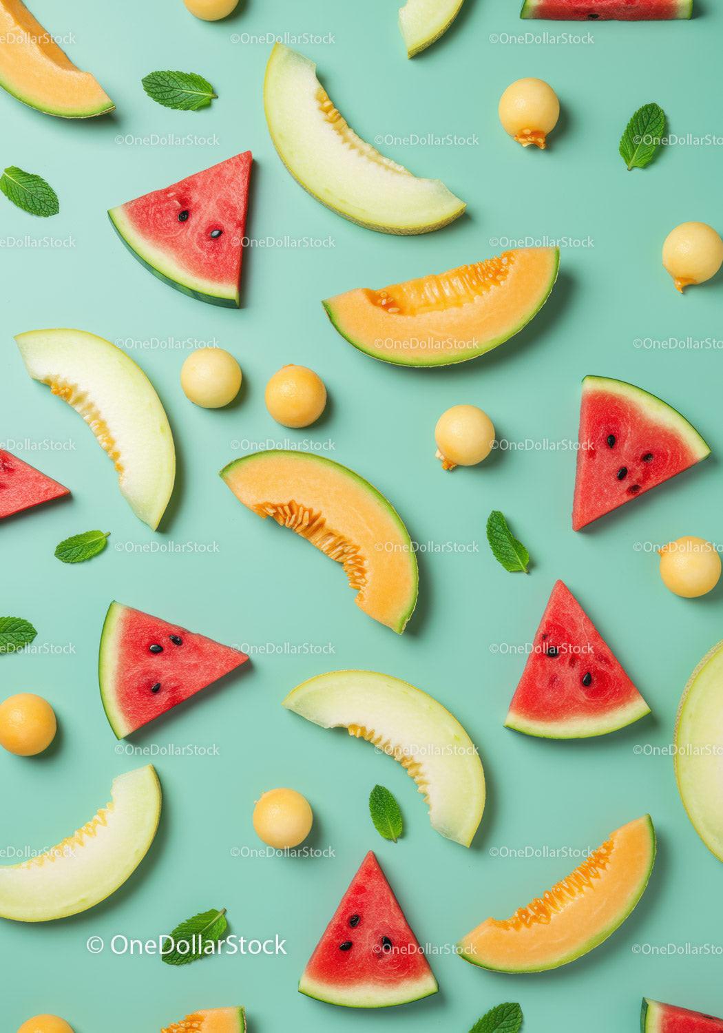 Fresh melon slices and watermelon on turquoise background