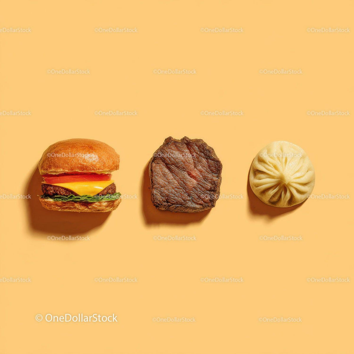 Gourmet Burger with Lettuce and Tomato Next to Grilled Steak and Dumpling Stock Photo Bundle preview 6