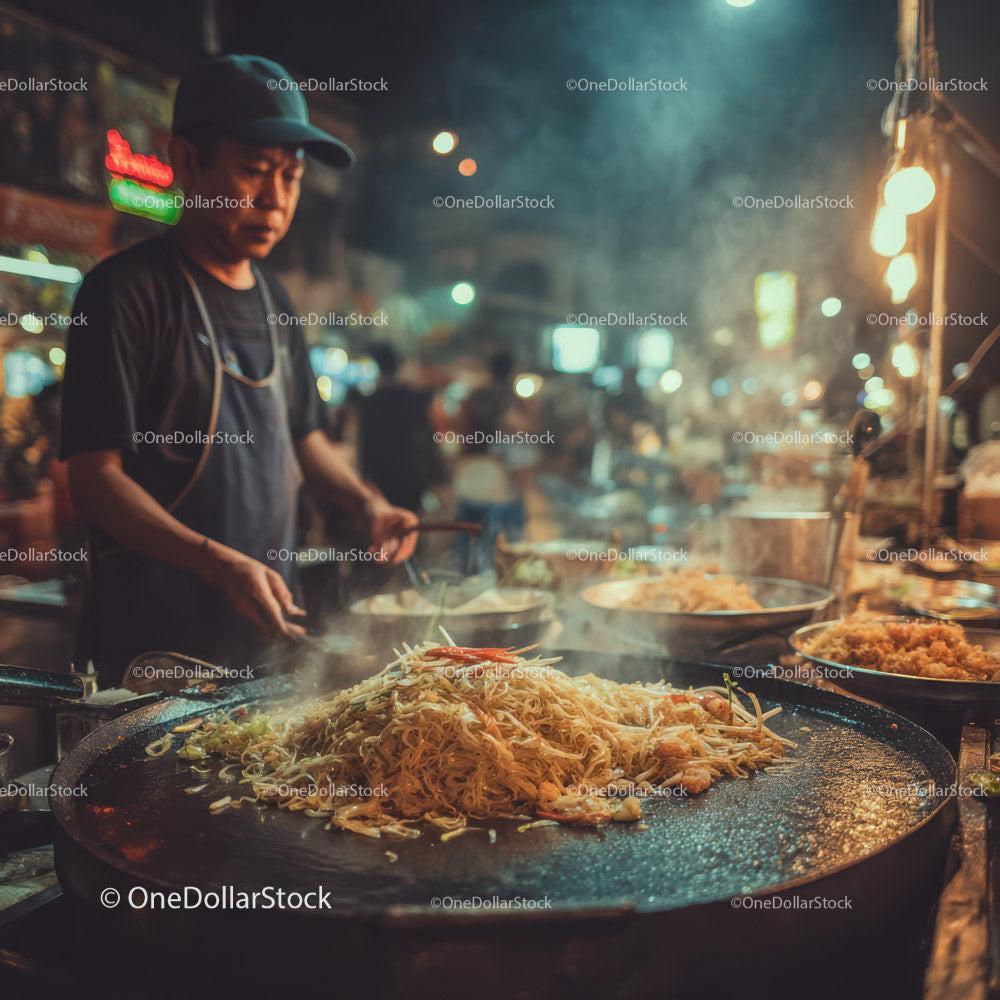 Street Food Vendor Cooking Noodles at Night Market in Bustling Marketplace