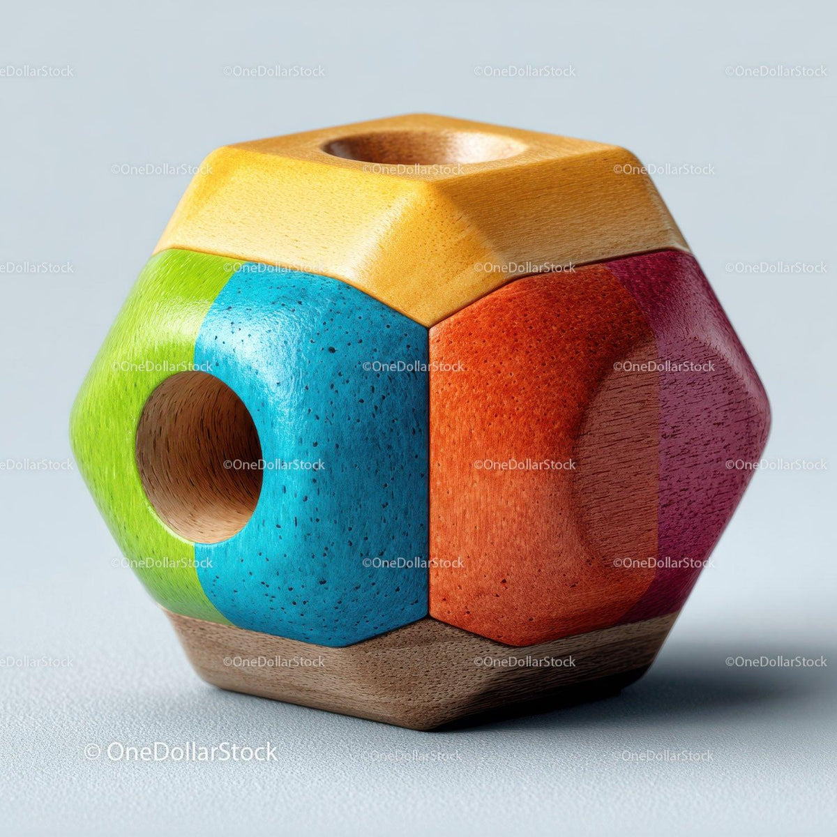 Colorful wooden geometric puzzle with hexagonal and pentagonal faces and circular holes