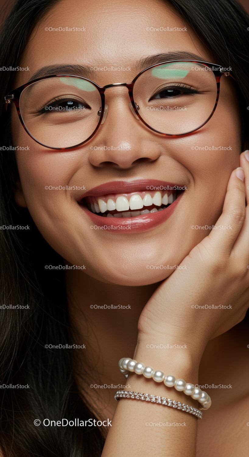 Close up of smiling woman with glasses and elegant bracelets