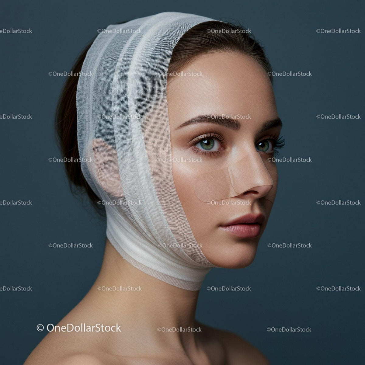 Close-up Portrait of a Woman with Bandage Around Head and Face