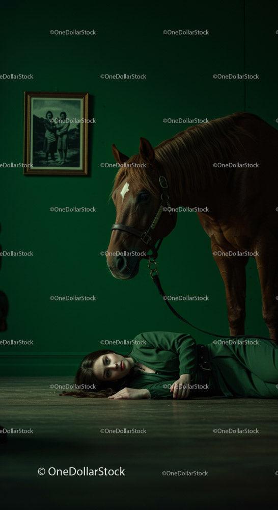 Woman Lying on Floor Beside a Horse in Dramatic Green Room Stock Photo Bundle preview