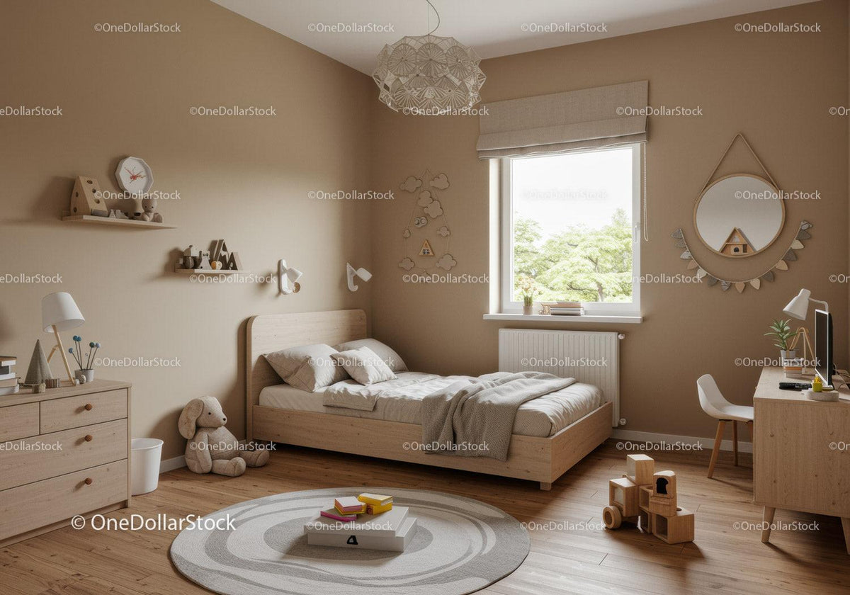Cozy Scandinavian Children's Bedroom with Wooden Furniture and Natural Light