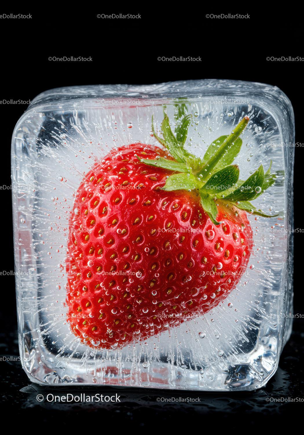 Fresh strawberry encapsulated inside a clear ice cube