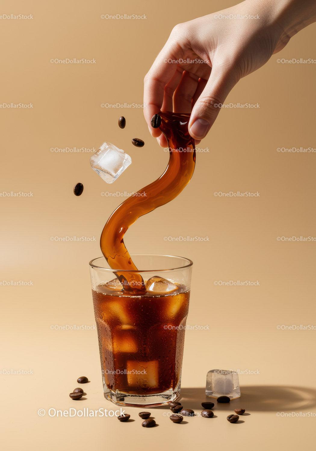 Pouring Iced Coffee with Floating Beans and Ice Cubes