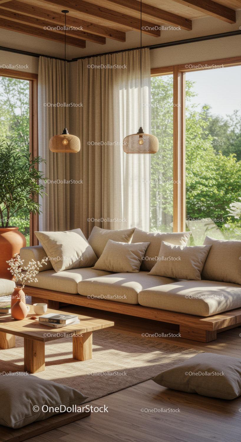 Cozy living room with natural light and wooden accents