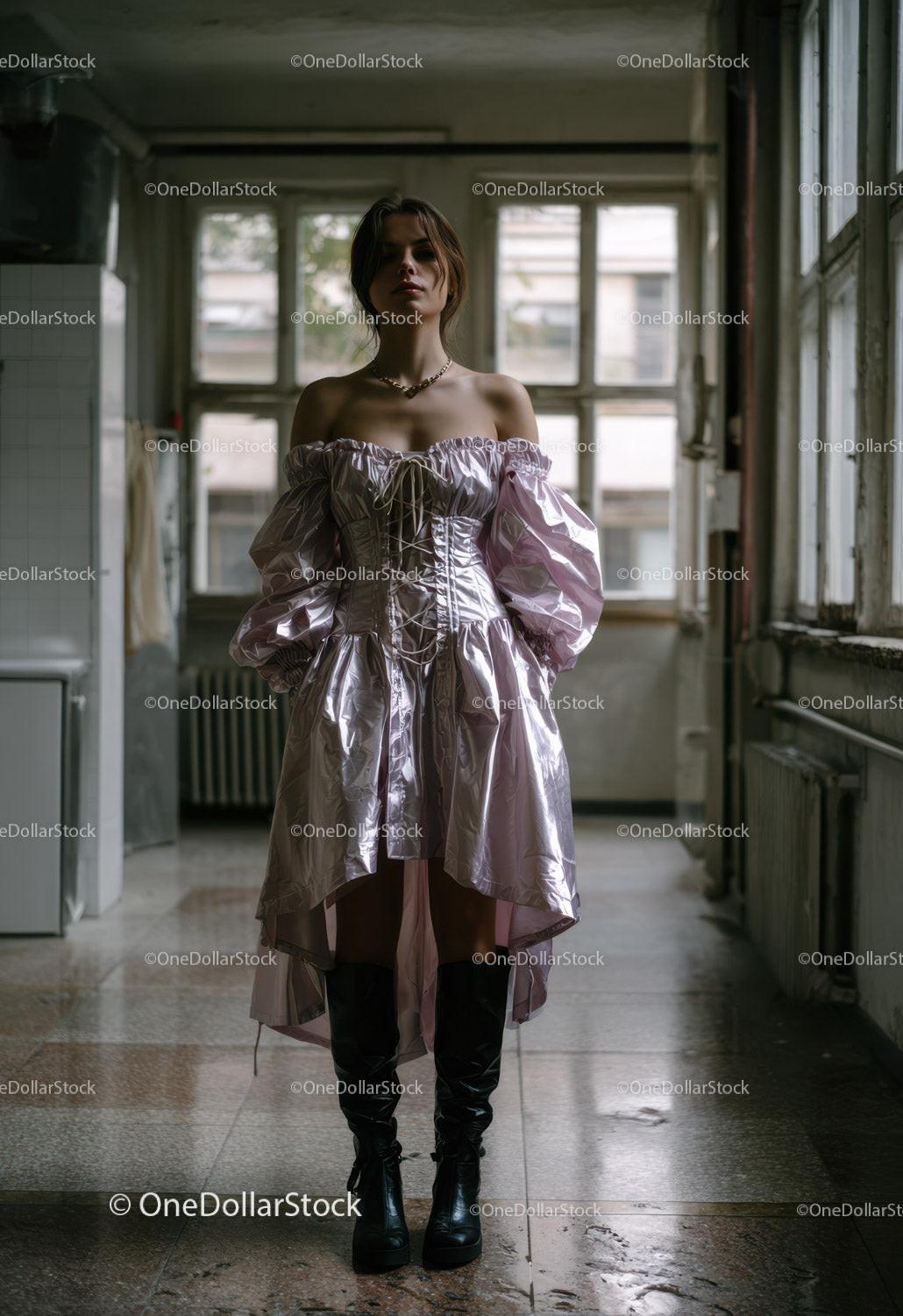 Fashion Model Wearing Oversized Metallic Pink Dress and Black Boots
