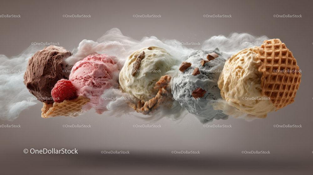 Assorted Ice Cream Scoops with Waffle Cones and Toppings