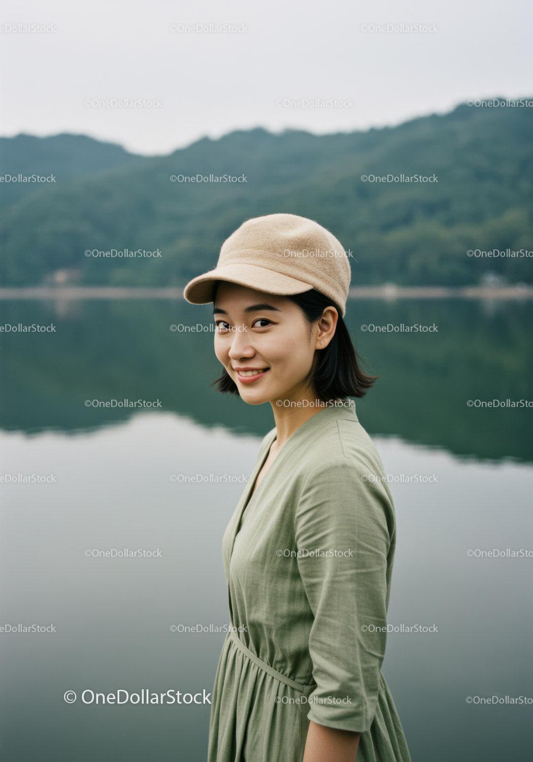Young Woman in Green Dress Wearing Beige Cap Near Lake Landscape Stock Photo Bundle preview 17