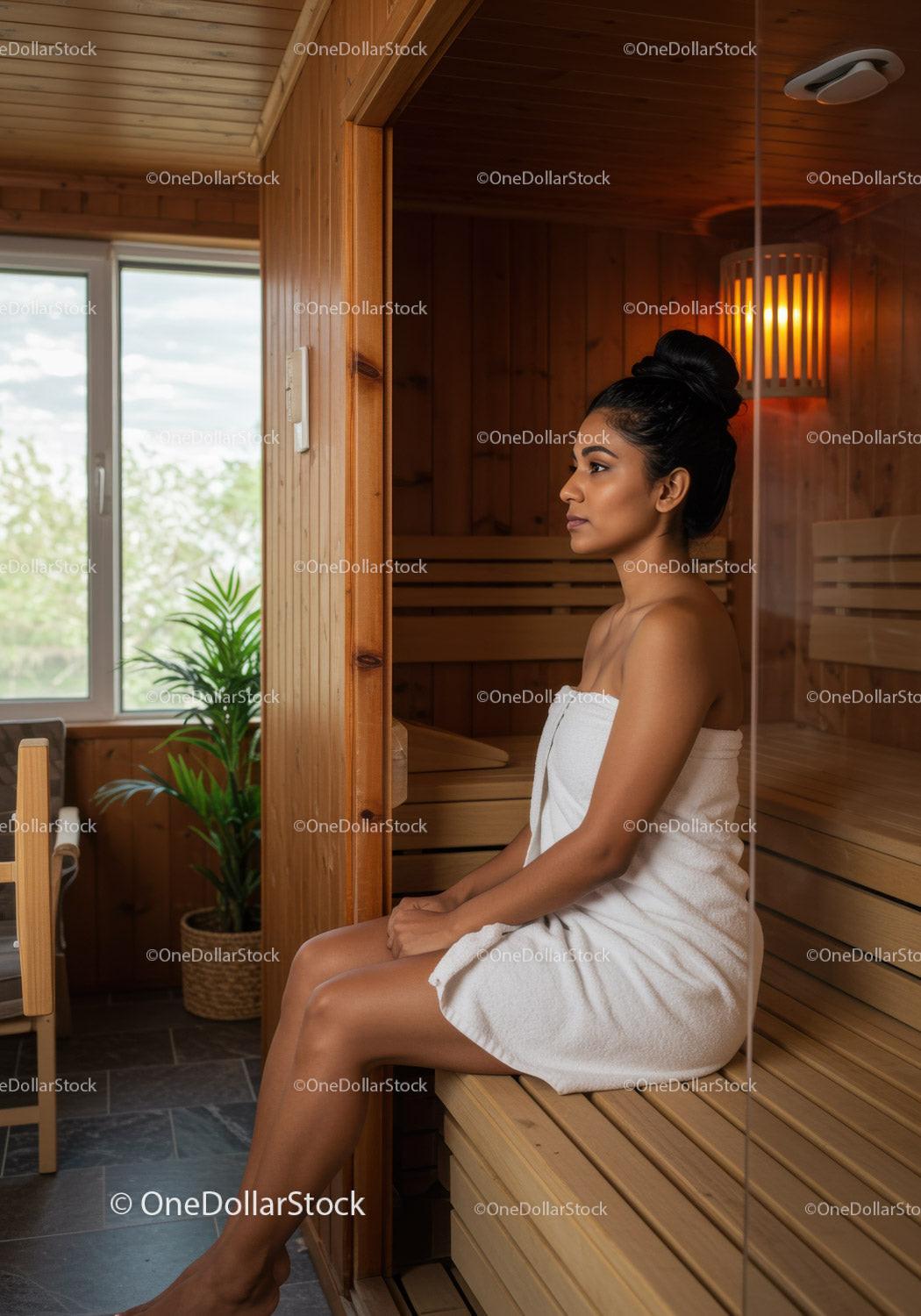 Relaxing Woman Sitting in Sauna Room in Spa or Wellness Center
