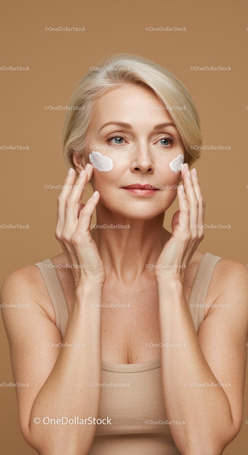 Elegant Mature Woman Applying Skincare Cream for Healthy Skin