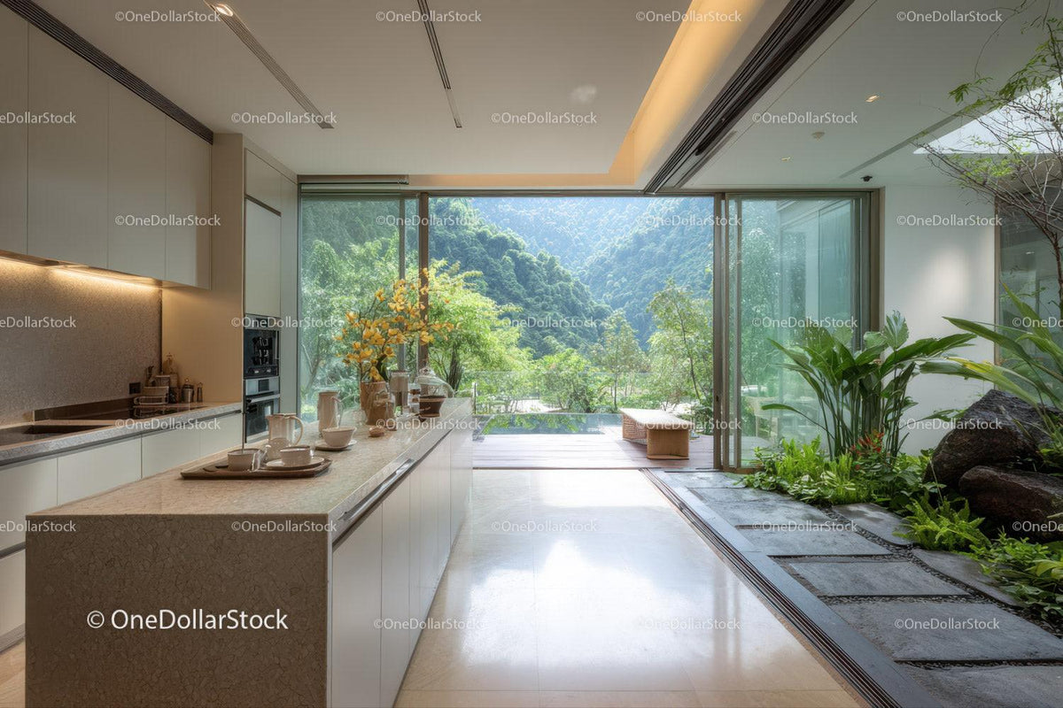 Modern Kitchen with Scenic Mountain View and Indoor Garden