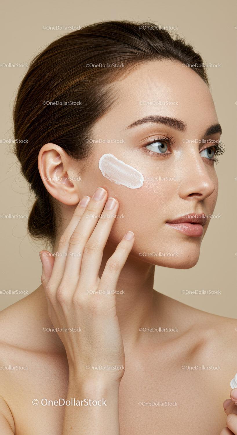 Woman Applying Cream to Face for Skincare Routine with Beautiful Skin