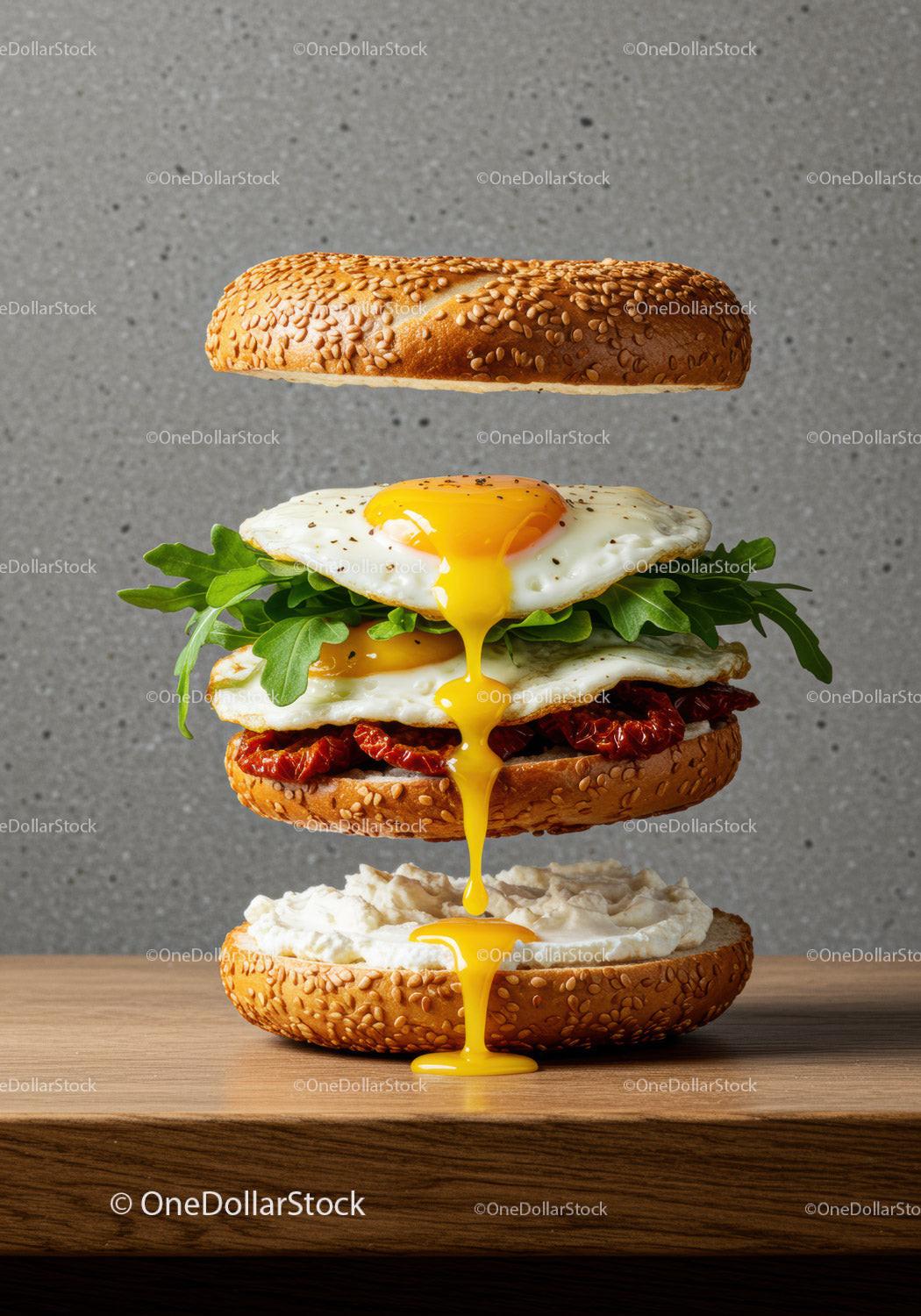 Sesame bun sandwich with fried eggs and arugula drizzle