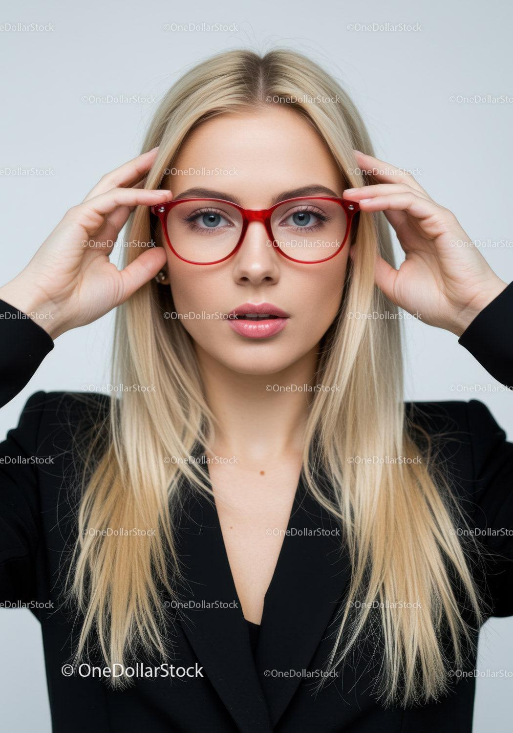 Elegant Young Woman with Red Glasses and Blonde Hair Portrait