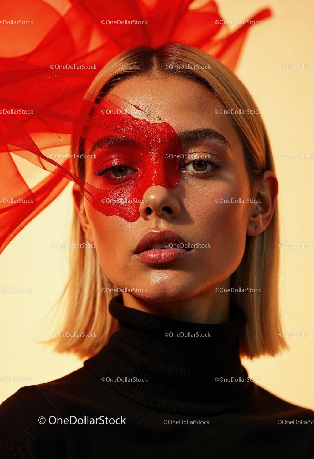 Creative Artistic Makeup Portrait with Red Face Paint and Blonde Hair Stock Photo Bundle preview 29