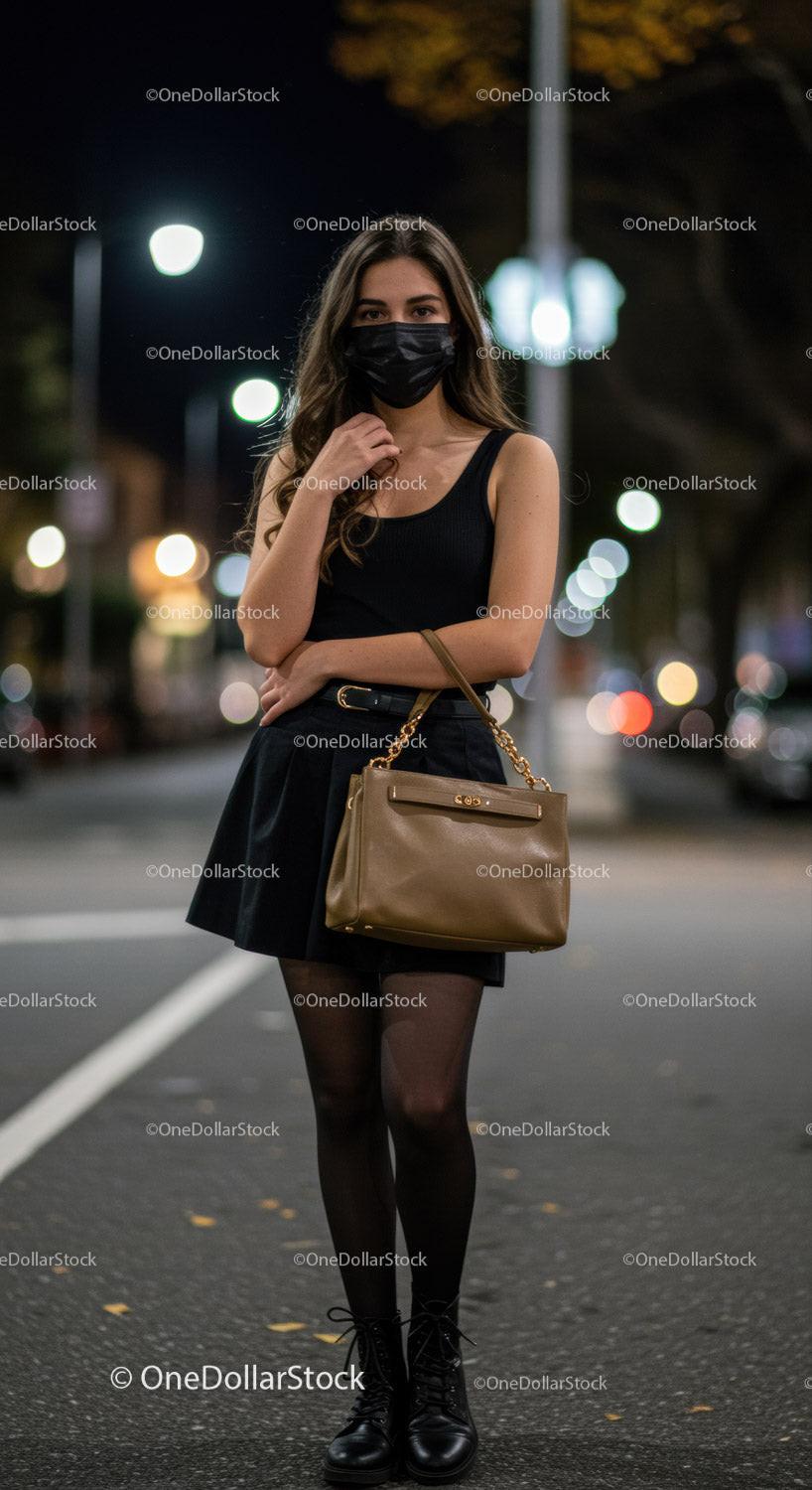 Young woman in black outfit and face mask walking at night
