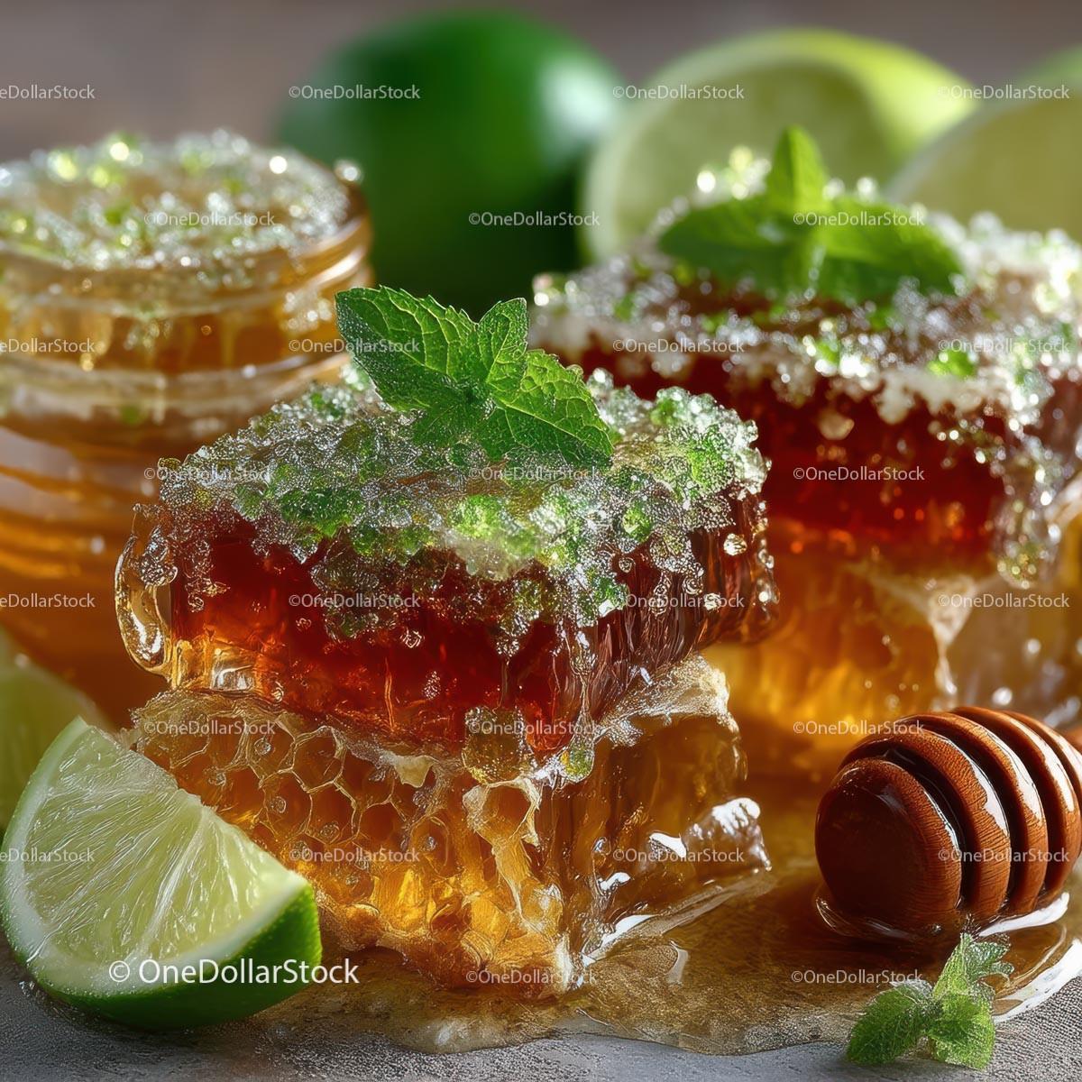 Delicious Honeycomb with Fresh Lime and Mint Leaves Stock Photo Bundle preview 12