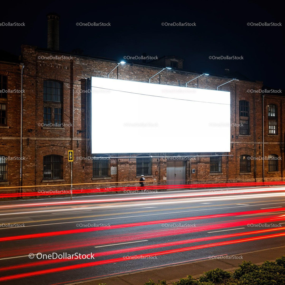Illuminated billboard on brick wall at night city street JPG Mockup Image preview
