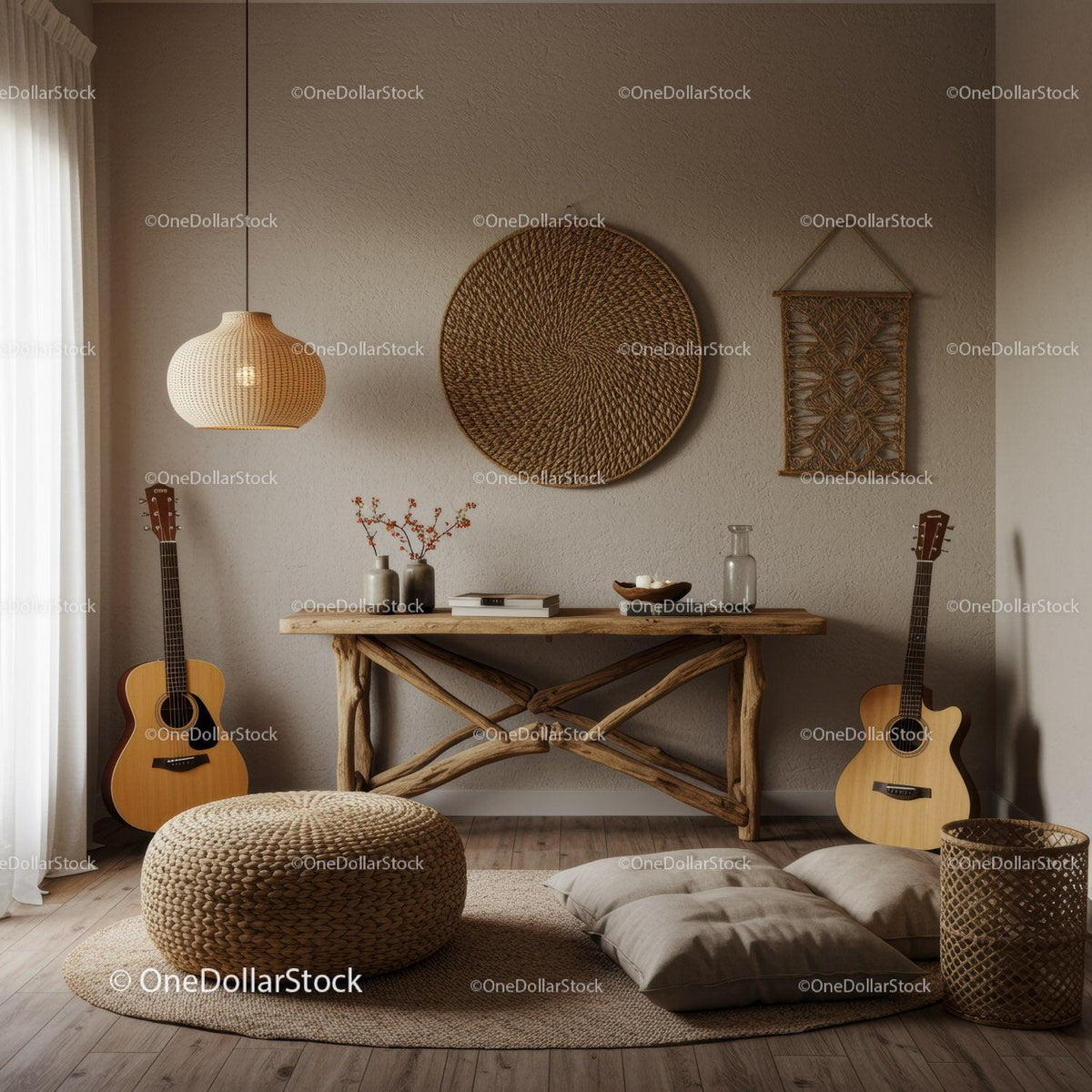 Cozy bohemian living room corner with acoustic guitars