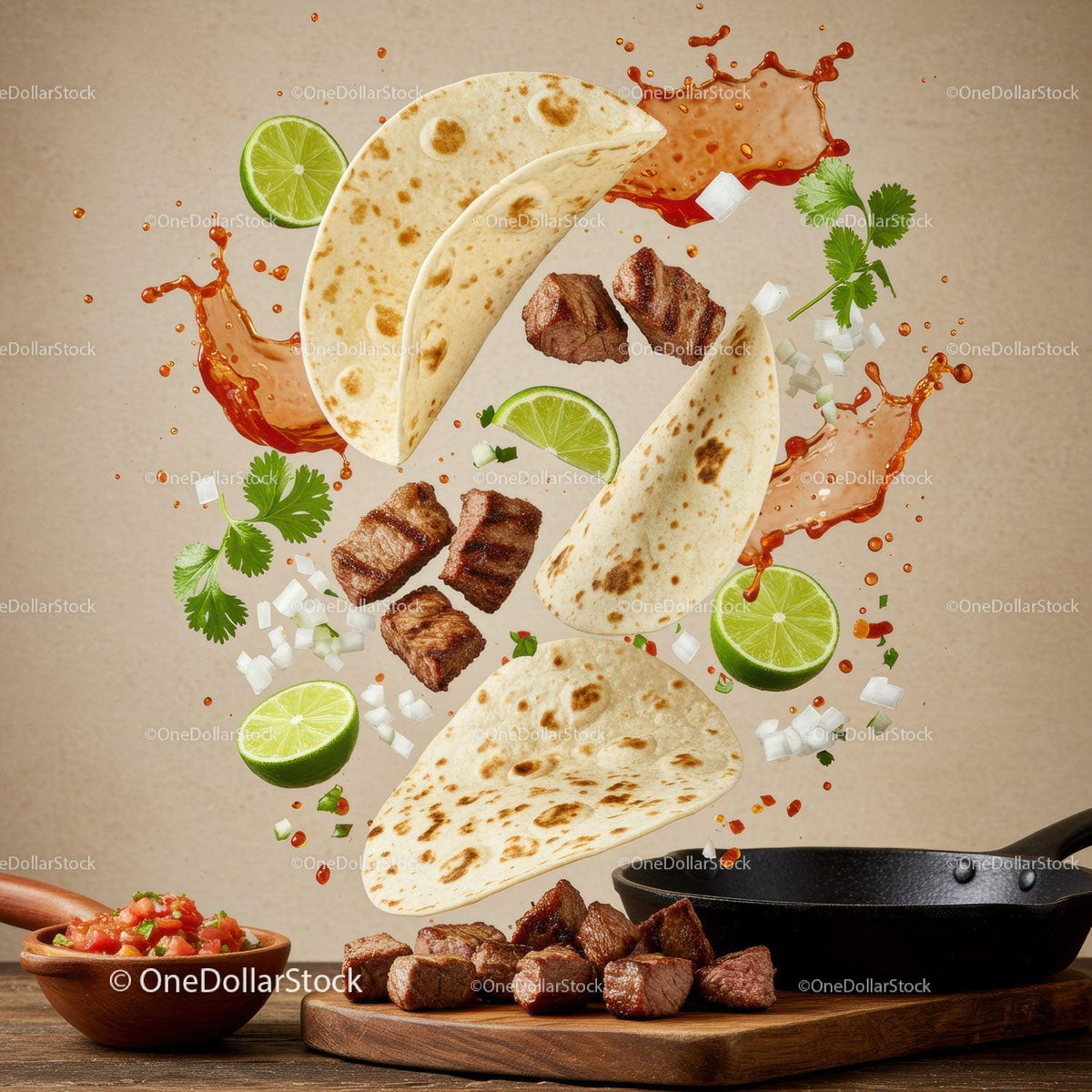 Floating Ingredients for Grilled Beef Tacos with Fresh Lime