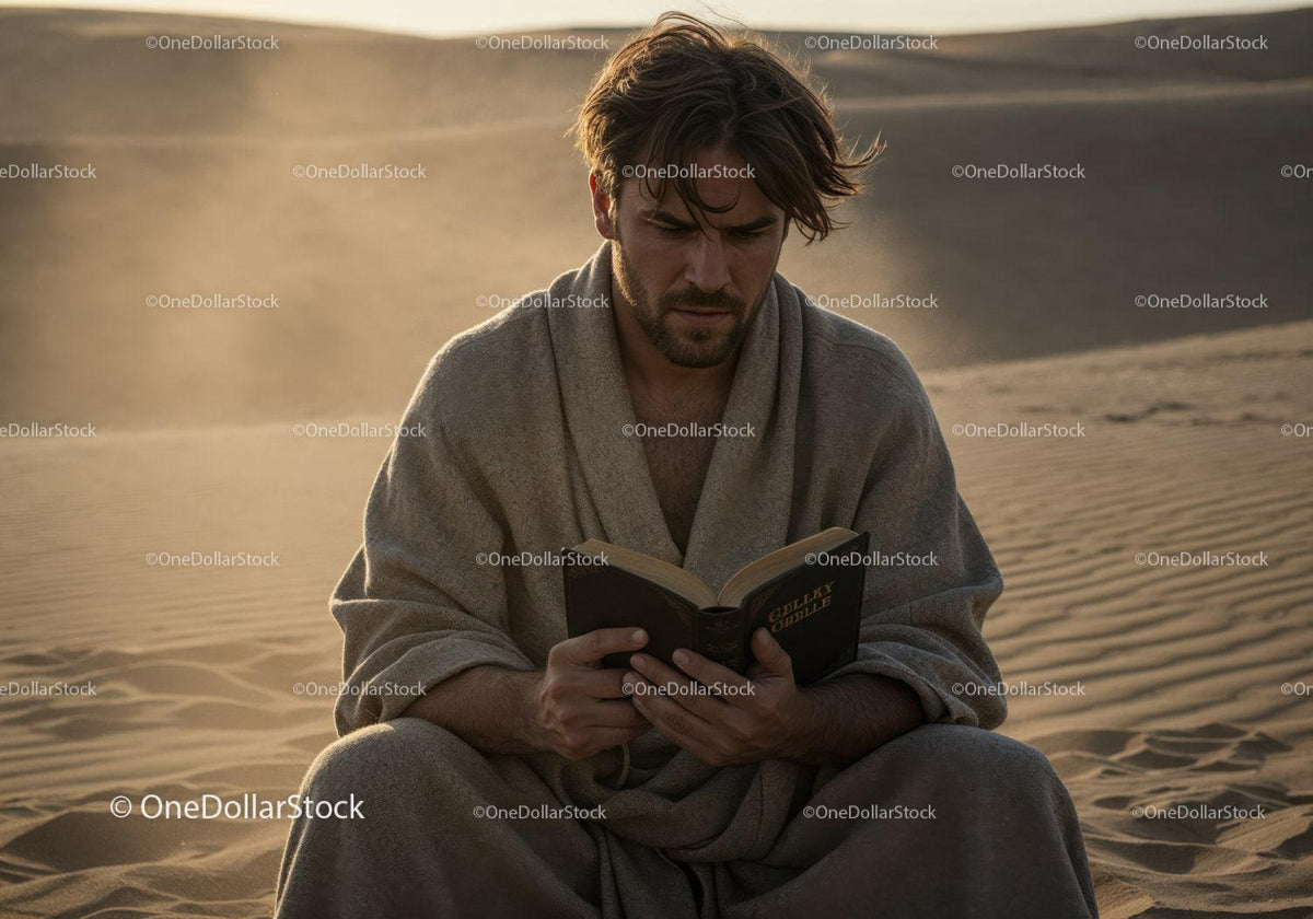 Man in Casual Clothing Reading Book in Desert During Dust Storm Stock Photo Bundle preview 24
