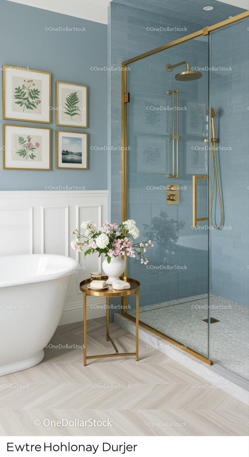 Elegant bathroom with blue tiles and gold accents