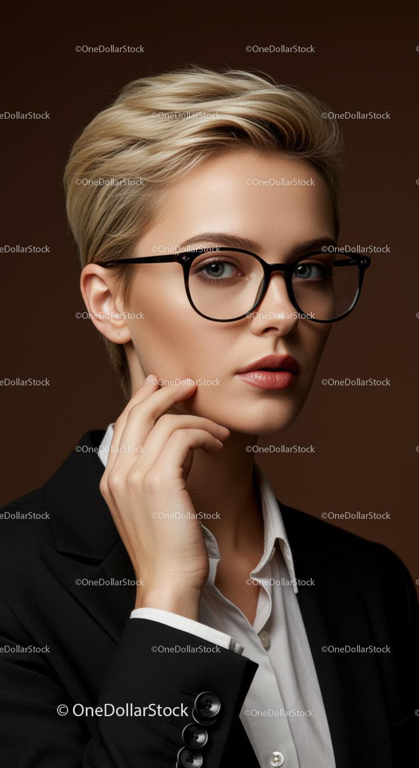 Elegant Business Woman with Glasses in Professional Studio Portrait