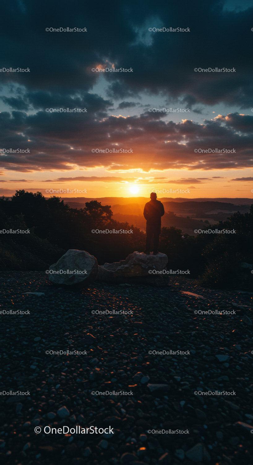 Lone person observing golden sunset over mountain landscape