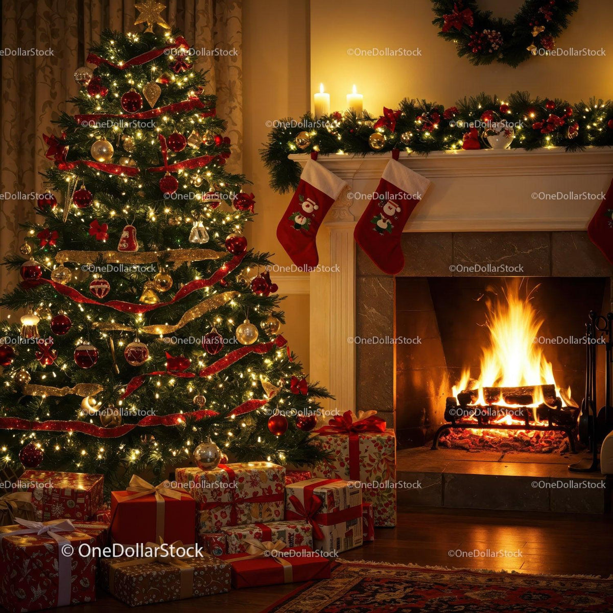Cozy Christmas night with decorated tree and fireplace