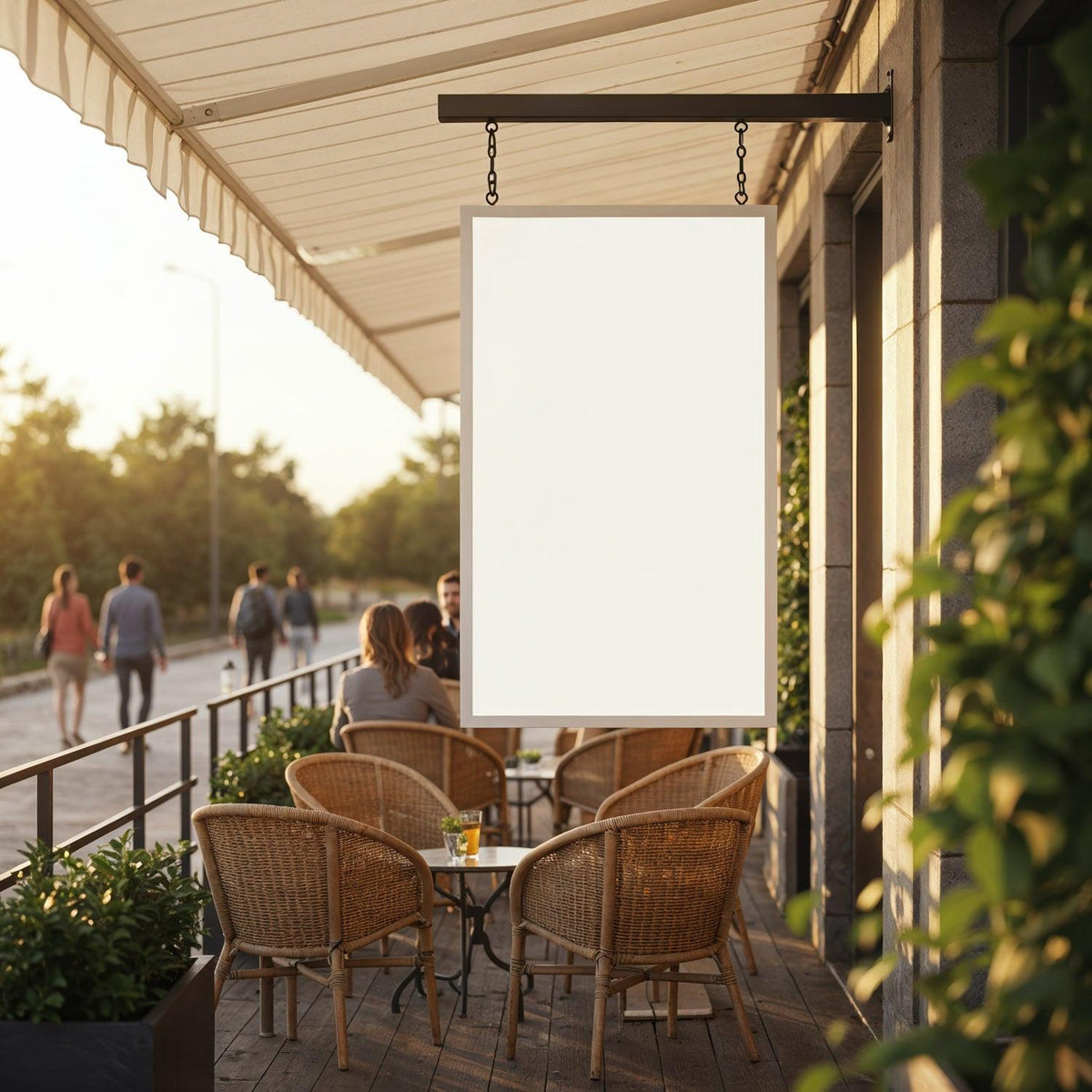 Outdoor cafe seating with blank hanging sign in evening light JPG Mockup Image preview
