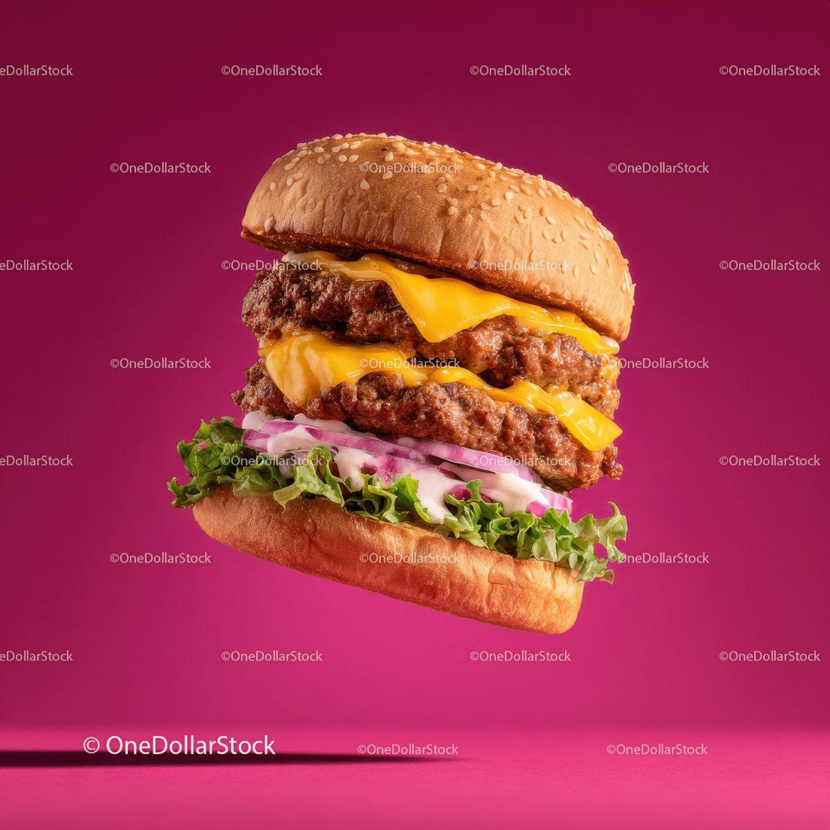 Stacked Cheeseburger with Multiple Beef Patties and Fresh Toppings Stock Photo Bundle creative preview 6