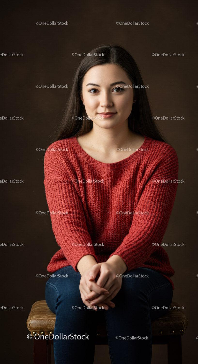 Young woman sitting calmly with folded hands