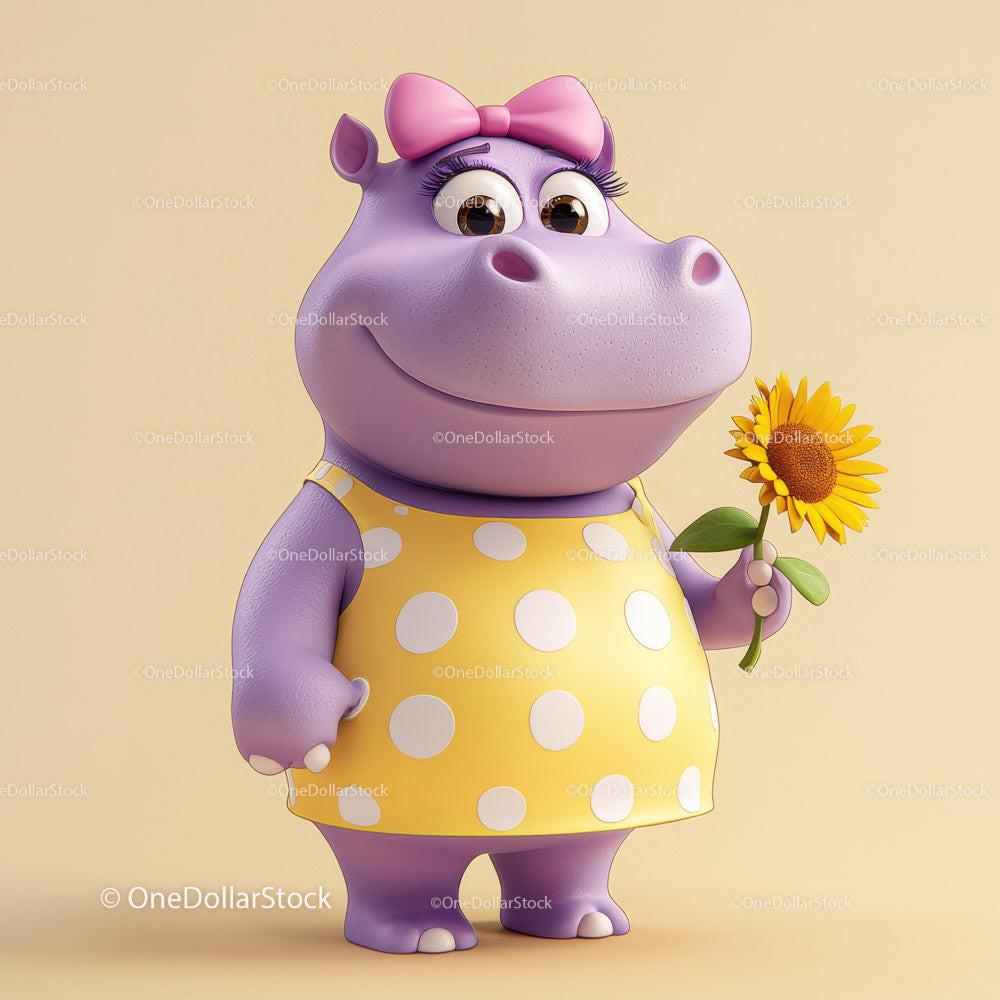 Cute Cartoon Hippo Holding Sunflower in Yellow Dress for Kids Illustration Stock Photo Bundle preview 35