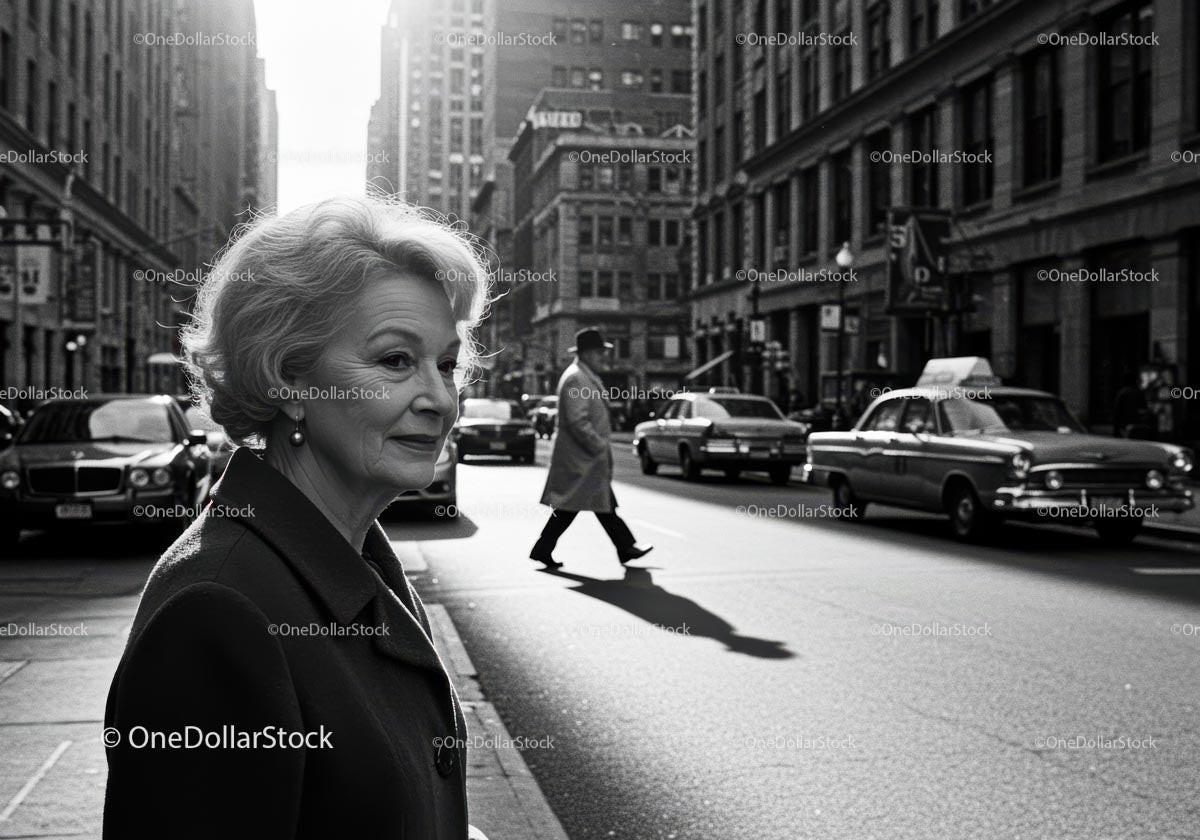 Elegant Older Woman Walking in Black and White City Street Scene