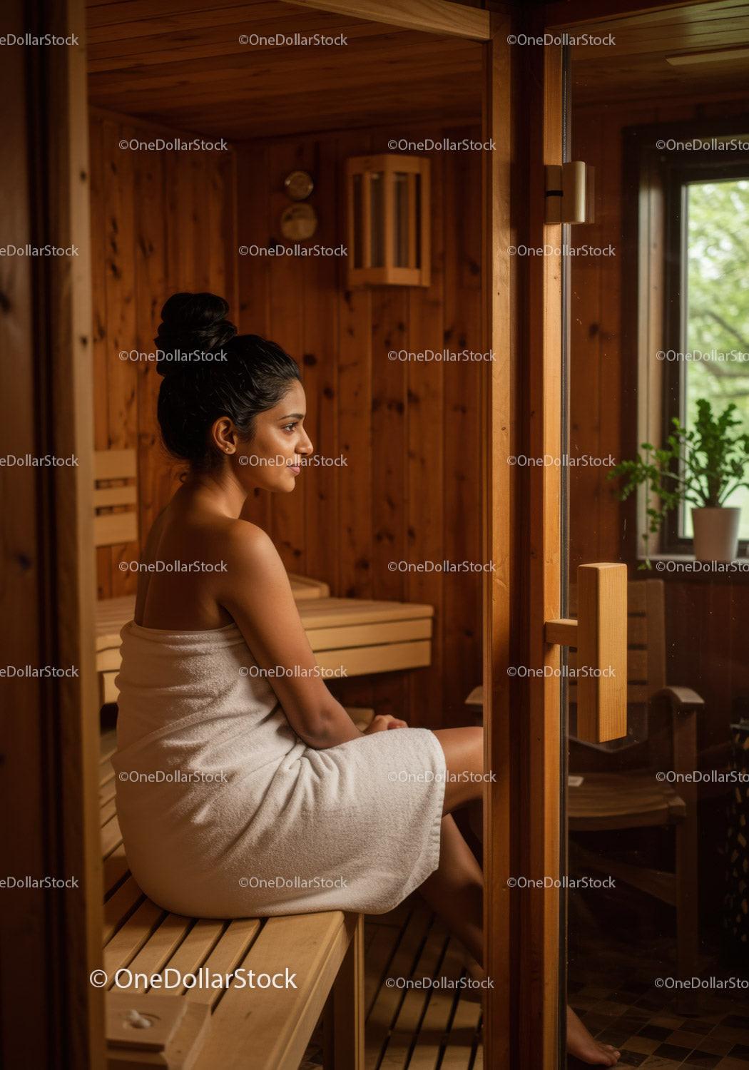 Relaxing Woman in Wooden Sauna with Wellness Atmosphere