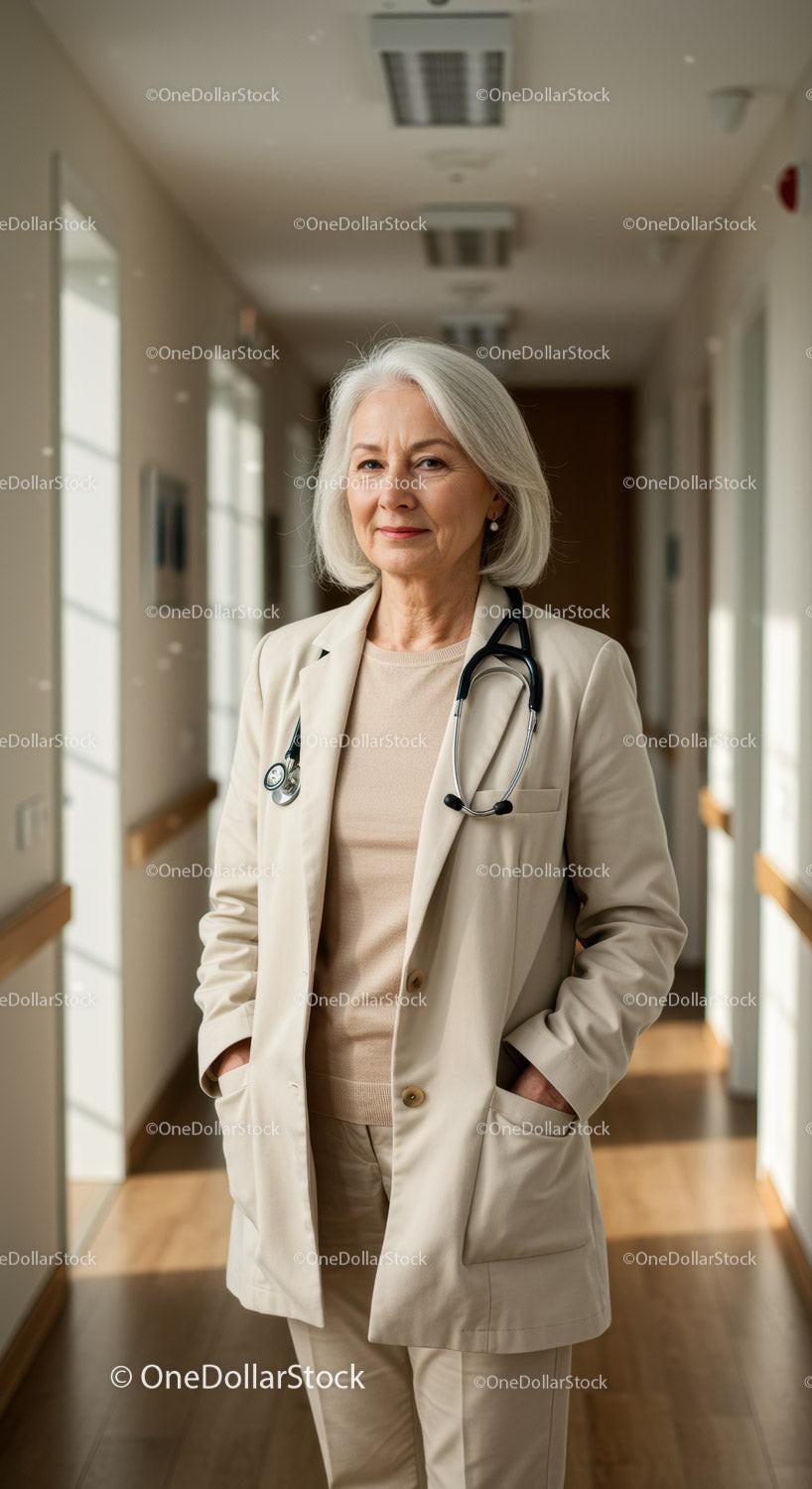 Senior Woman Doctor Standing Confidently in Hospital Hallway