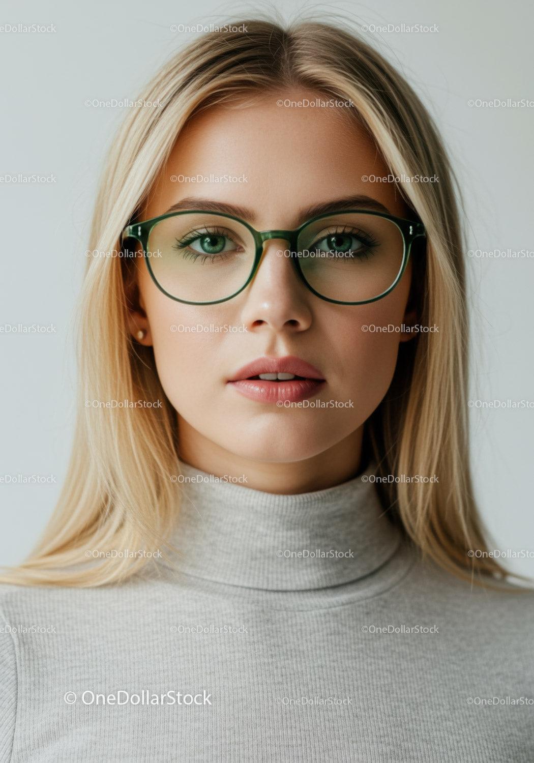 Elegant Young Woman Wearing Green Glasses with Blonde Hair