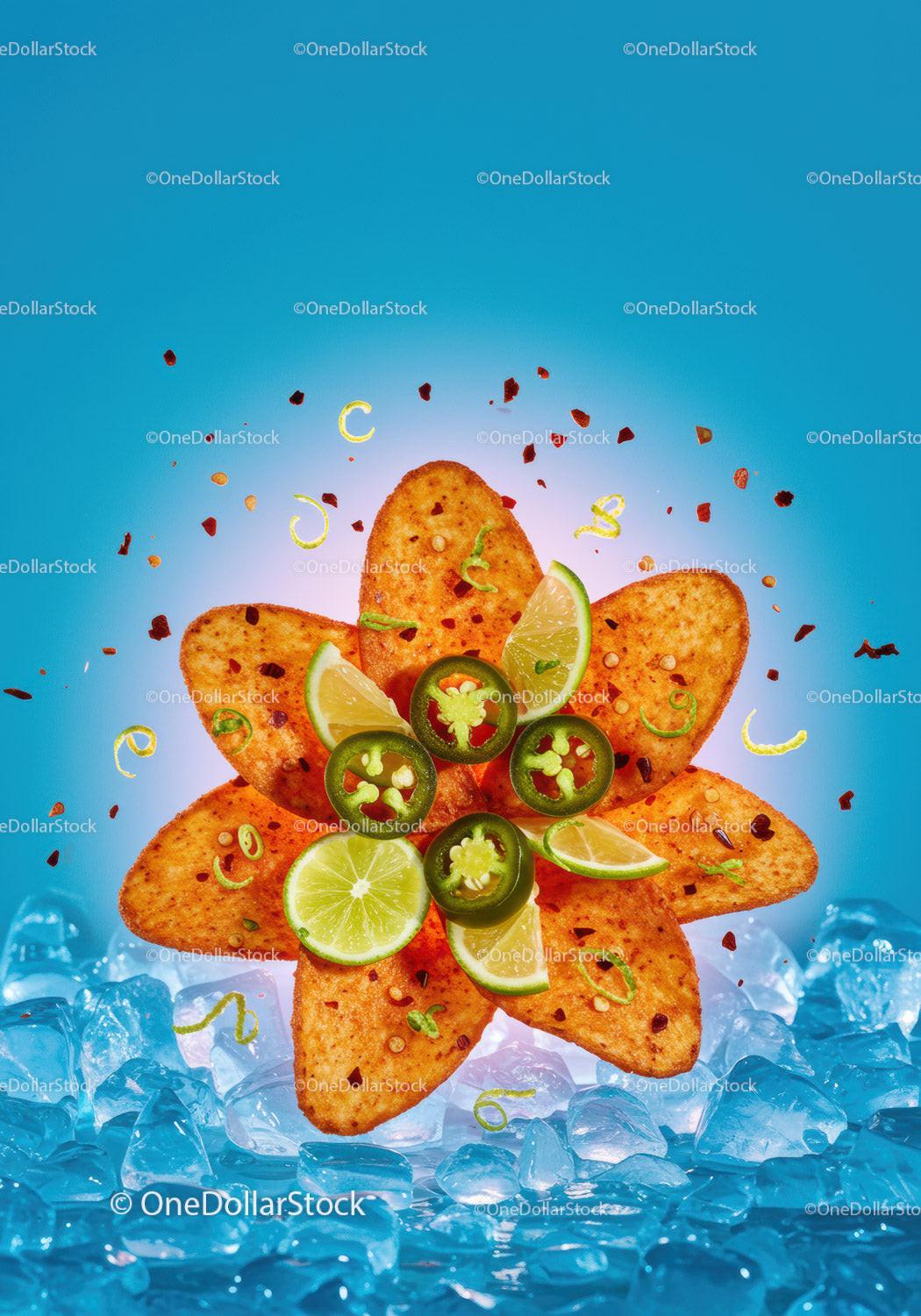 Spicy Nacho Chips with Lime and Jalapeno on Ice