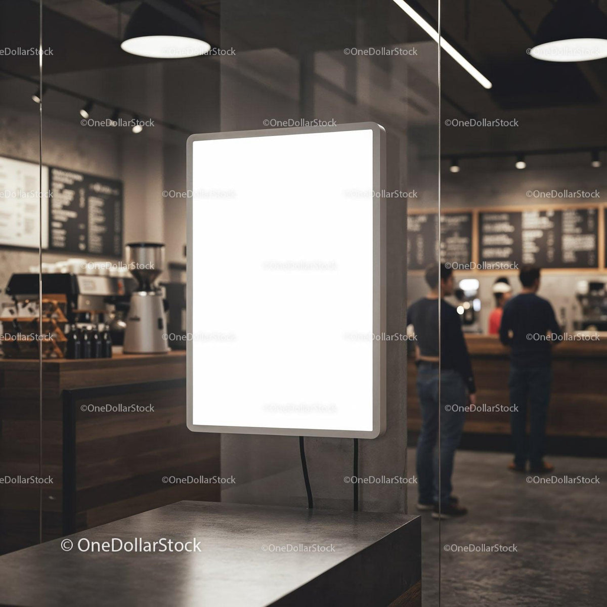 Empty illuminated menu board in modern coffee shop interior JPG Mockup Image preview