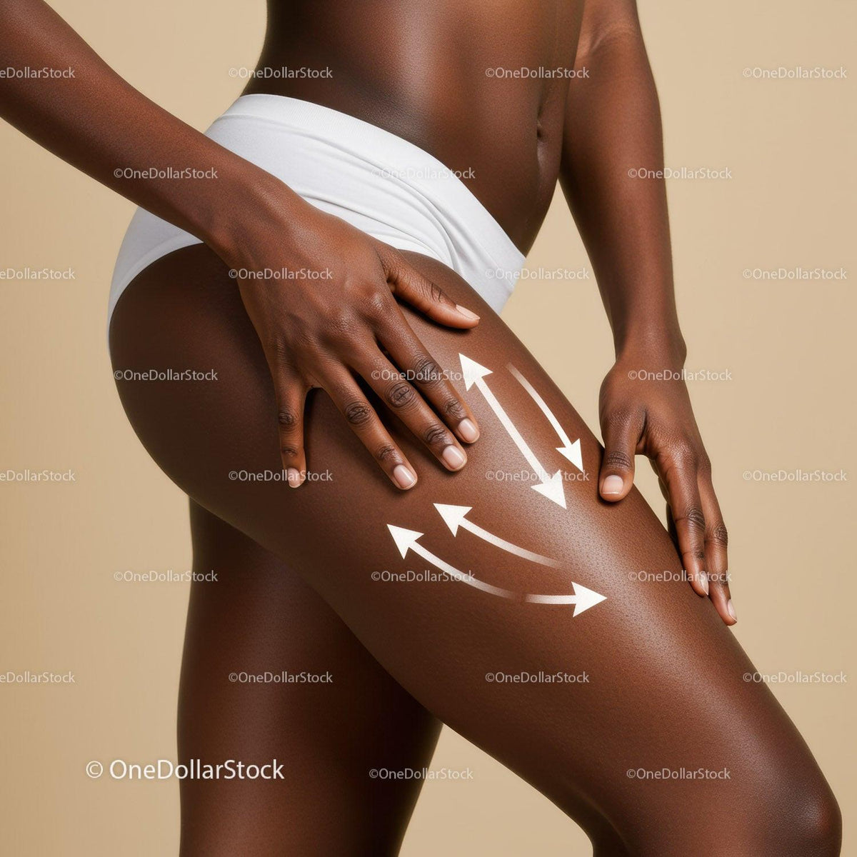 Close-up of Hands Applying Massage on Thigh with Arrows Indicating Pressure Points