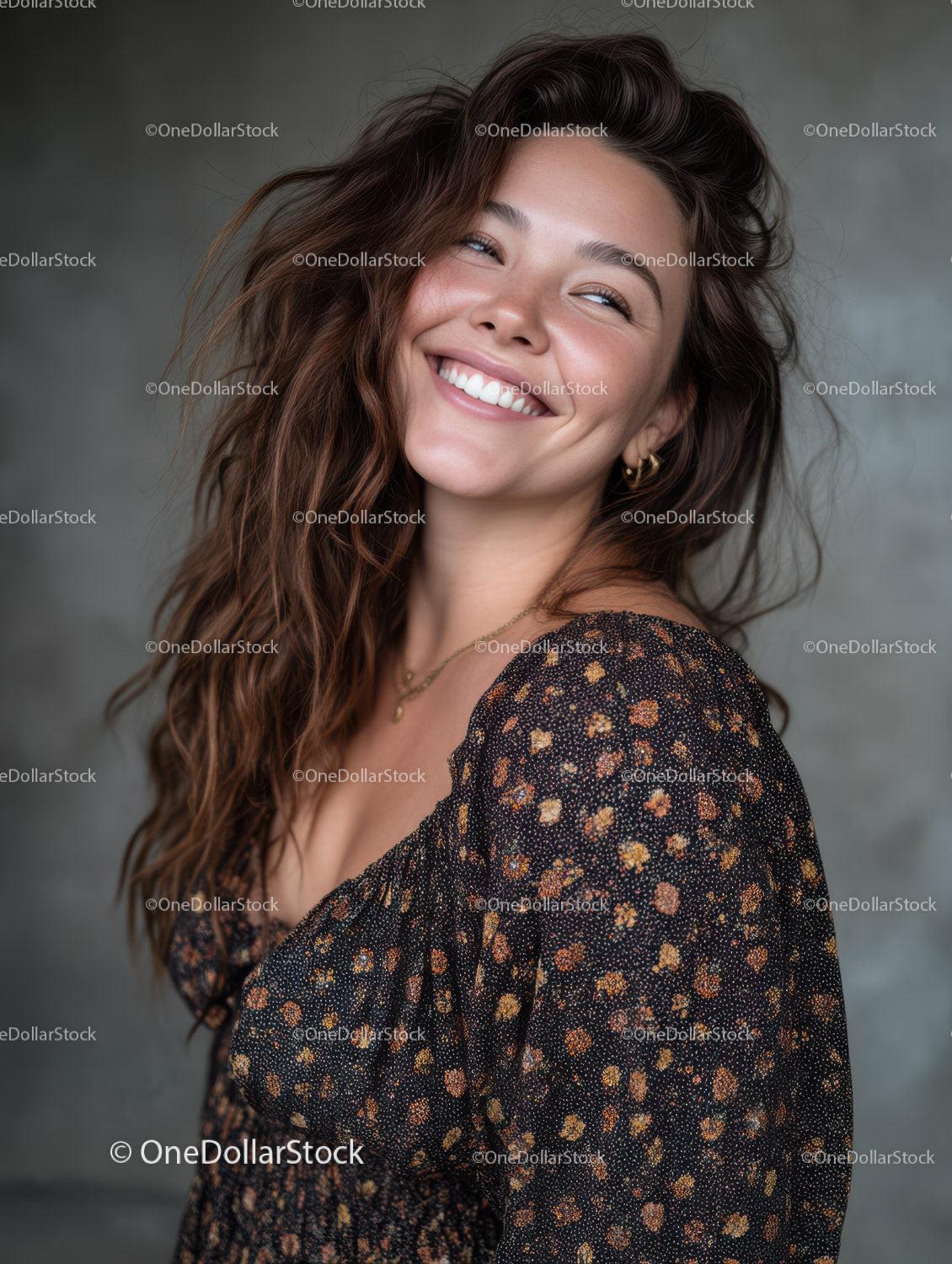 Portrait of a Happy Woman with Curly Hair Wearing a Floral Dress