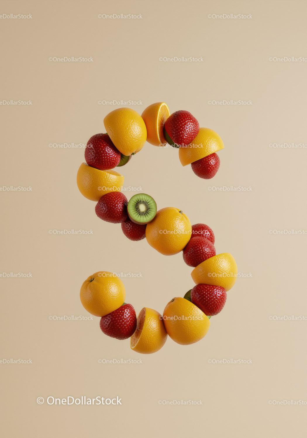 Fresh fruit arrangement forming number three on beige