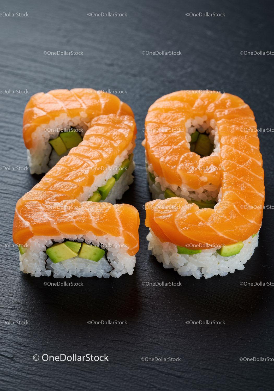 Fresh salmon sushi rolls shaped as number twenty