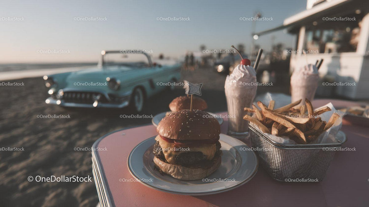 Beachside Cheeseburger French Fries and Milkshake with Classic Car Stock Photo Bundle preview 38