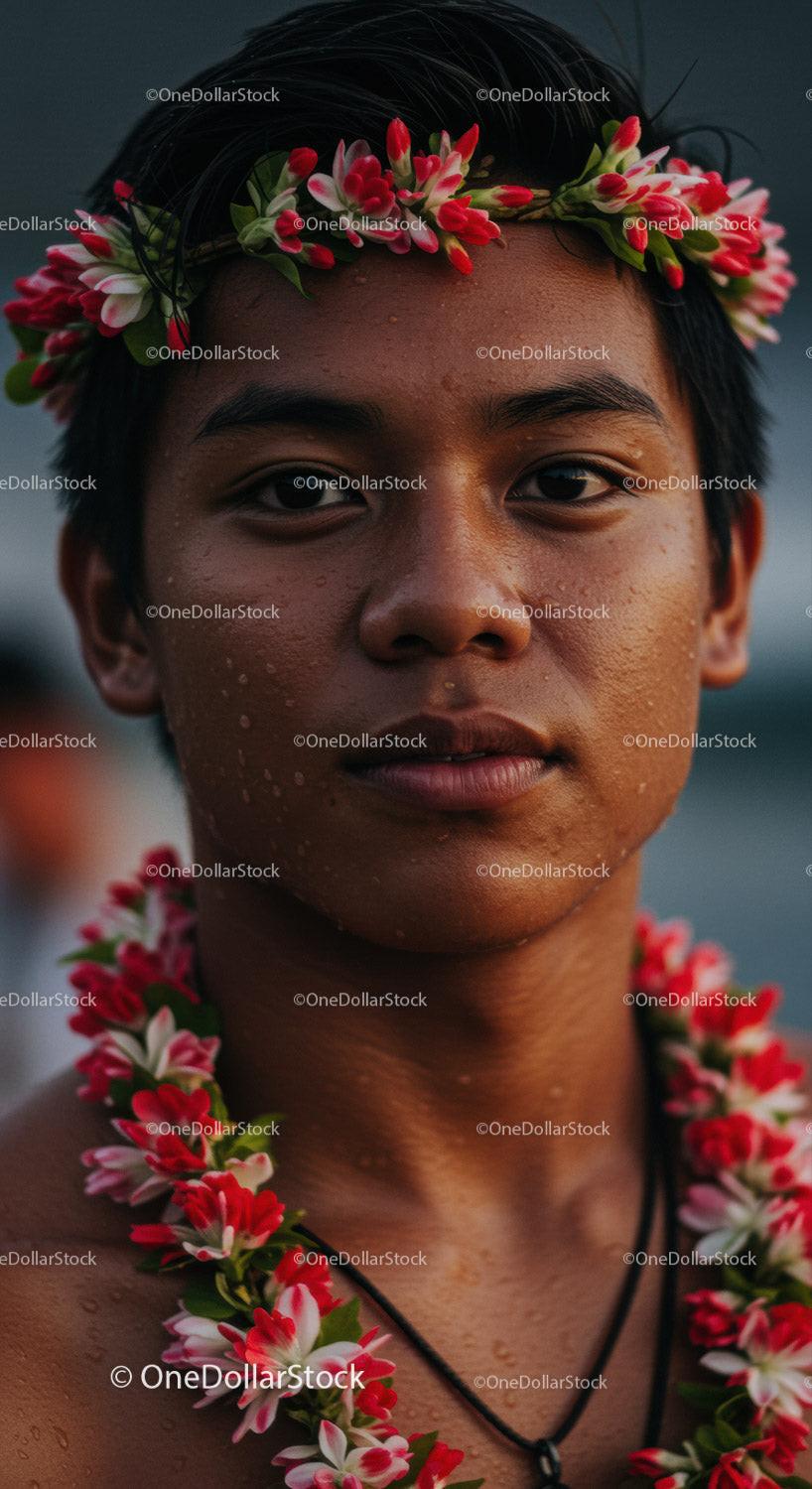 Portrait of a Young Man with Flower Crown and Necklace in Tropical Setting