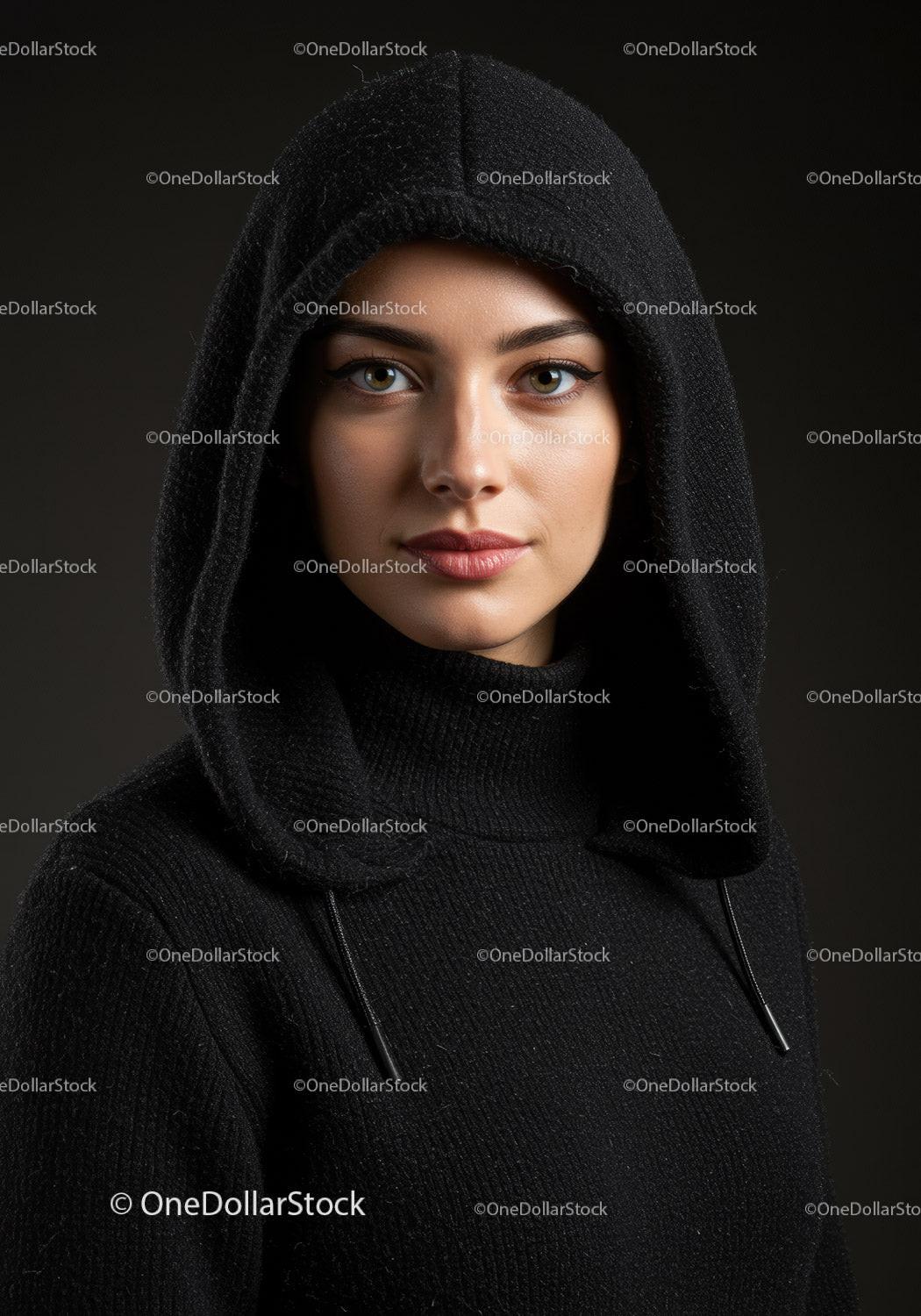 Young woman in black hooded sweater looking confidently