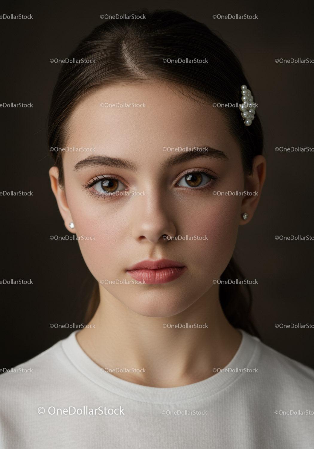 Elegant Young Woman Portrait with Pearl Hair Clip and Natural Makeup