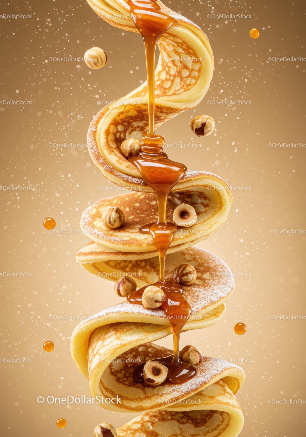 Swirling Pancakes with Hazelnuts and Dripping Honey